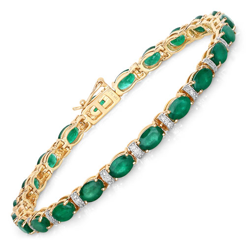Bracelets-10.13 Carat Genuine Zambian Emerald and White Diamond 14K Yellow Gold Bracelet