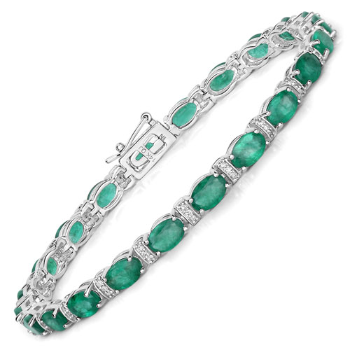 Bracelets-9.91 Carat Genuine Zambian Emerald and White Diamond 14K White Gold Bracelet