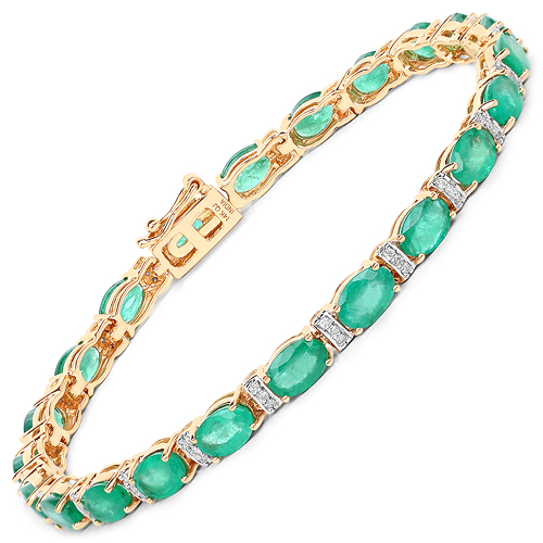 Bracelets-9.94 Carat Genuine Zambian Emerald and White Diamond 14K Yellow Gold Bracelet