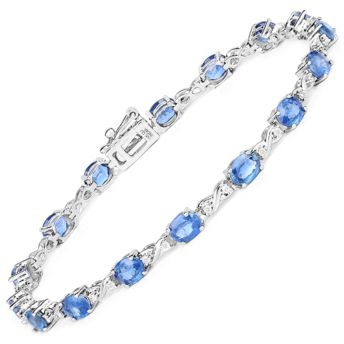 Bracelets-7.81 Carat Genuine Blue Sapphire and White Diamond 14K White Gold Bracelet