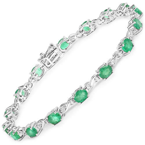 Bracelets-5.57 Carat Genuine Zambian Emerald and White Diamond 14K White Gold Bracelet