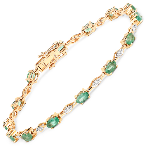 Bracelets-2.77 Carat Genuine Zambian Emerald and White Diamond 18K Yellow Gold Bracelet