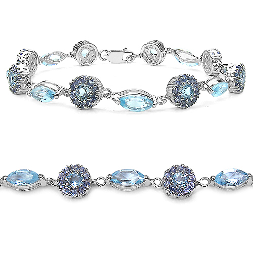 Bracelets-8.50 Carat Genuine Blue Topaz & Tanzanite .925 Sterling Silver Bracelet