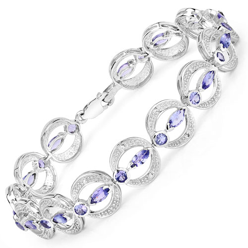 Bracelets-4.78 Carat Genuine Tanzanite and White Diamond .925 Sterling Silver Bracelet