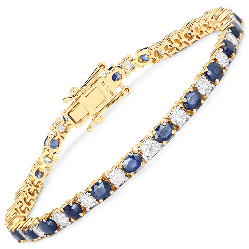 Bracelets-7.20 Carat Genuine Blue Sapphire and White Diamond 14K Yellow Gold Bracelet
