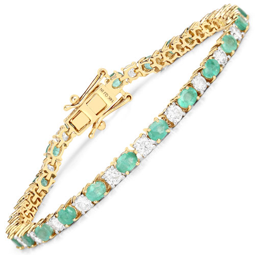 Bracelets-5.52 Carat Genuine Zambian Emerald and White Diamond 14K Yellow Gold Bracelet