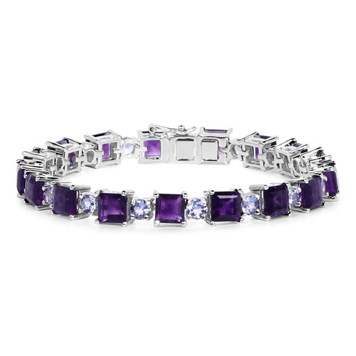 20.91 Carat Genuine Amethyst and Tanzanite .925 Sterling Silver Bracelet