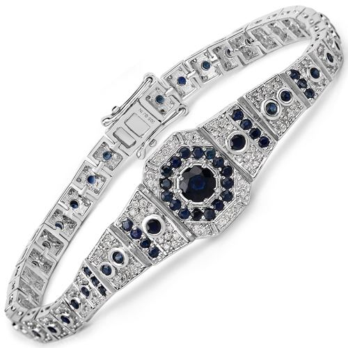 Bracelets-3.79 Carat Genuine Blue Sapphire and White Diamond .925 Sterling Silver Bracelet