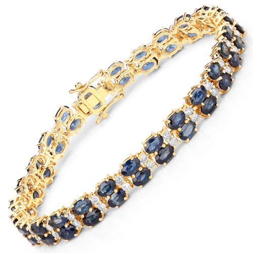 Bracelets-19.24 Carat Genuine Blue Sapphire and White Diamond 18K Yellow Gold Bracelet