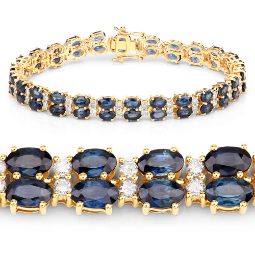 19.24 Carat Genuine Blue Sapphire and White Diamond 18K Yellow Gold Bracelet