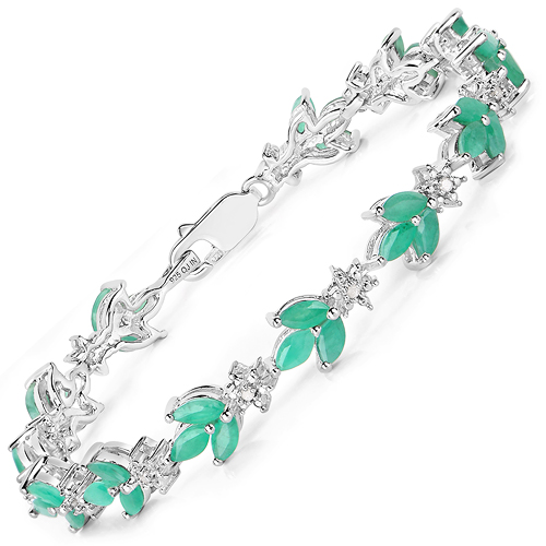 5.57 Carat Genuine Emerald and White Diamond .925 Sterling Silver Bracelet