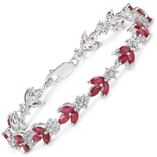 Bracelets-7.13 Carat Glass Filled Ruby and White Diamond .925 Sterling Silver Bracelet