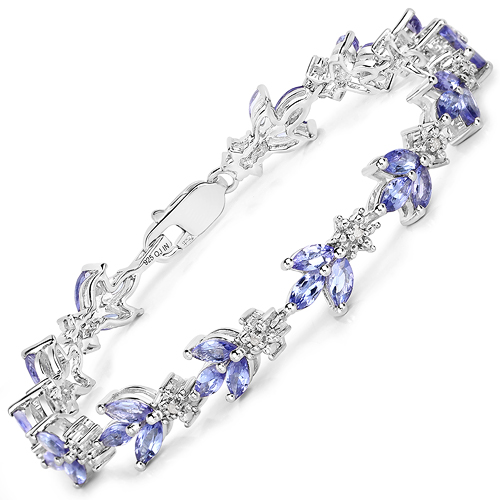 Bracelets-5.57 Carat Genuine Tanzanite and White Diamond .925 Sterling Silver Bracelet
