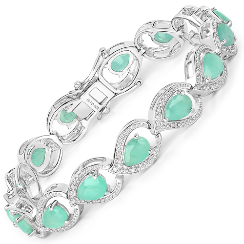 Bracelets-9.50 Carat Genuine Emerald and White Diamond .925 Sterling Silver Bracelet