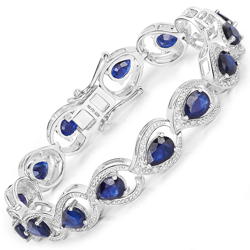 Bracelets-12.95 Carat Glass Filled Sapphire and White Diamond .925 Sterling Silver Bracelet