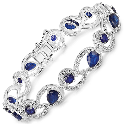 Bracelets-9.68 Carat Glass Filled Sapphire and White Diamond .925 Sterling Silver Bracelet