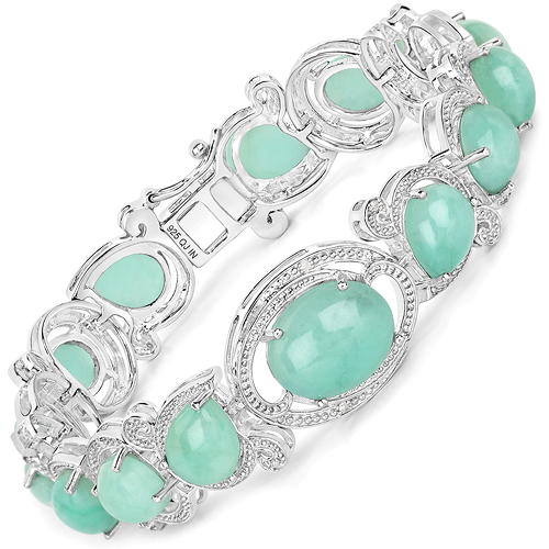 Bracelets-37.21 Carat Genuine Emerald and White Diamond .925 Sterling Silver Bracelet