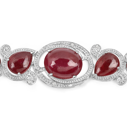 43.74 Carat Glass Filled Ruby and White Diamond .925 Sterling Silver Bracelet