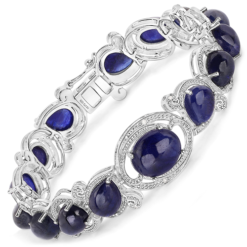 Bracelets-57.61 Carat Glass Filled Sapphire and White Diamond .925 Sterling Silver Bracelet