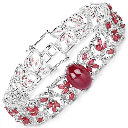 Bracelets-17.49 Carat Glass Filled Ruby and White Diamond .925 Sterling Silver Bracelet