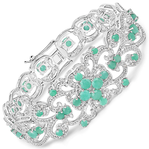 Bracelets-5.73 Carat Genuine Emerald and White Diamond .925 Sterling Silver Bracelet