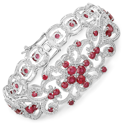 Bracelets-7.79 Carat Glass Filled Ruby and White Diamond .925 Sterling Silver Bracelet