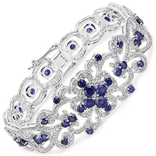 Bracelets-8.27 Carat Glass Filled Sapphire and White Diamond .925 Sterling Silver Bracelet