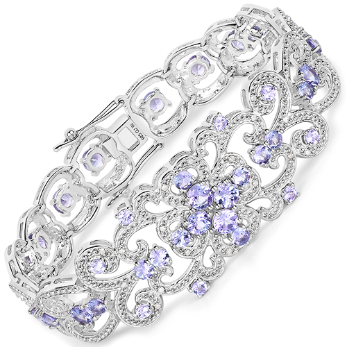 Bracelets-5.85 Carat Genuine Tanzanite and White Diamond .925 Sterling Silver Bracelet