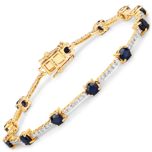 Bracelets-4.52 Carat Genuine Blue Sapphire and White Diamond 14K Yellow Gold Bracelet