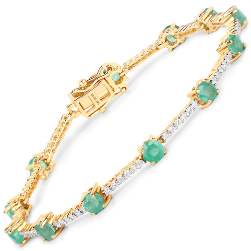 Bracelets-4.00 Carat Genuine Emerald and White Diamond 14K Yellow Gold Bracelet