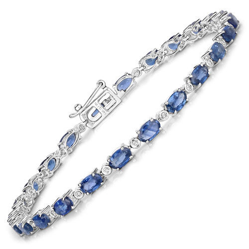 Bracelets-5.47 Carat Genuine Blue Sapphire and White Diamond 14K White Gold Bracelet