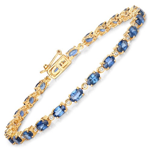 Bracelets-5.47 Carat Genuine Blue Sapphire and White Diamond 14K Yellow Gold Bracelet