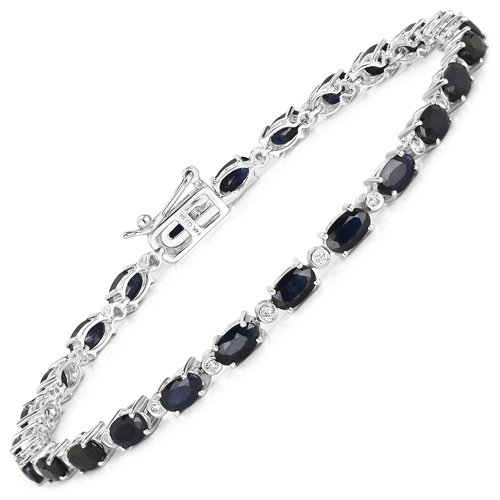 Bracelets-5.70 Carat Genuine Blue Sapphire and White Diamond 14K White Gold Bracelet