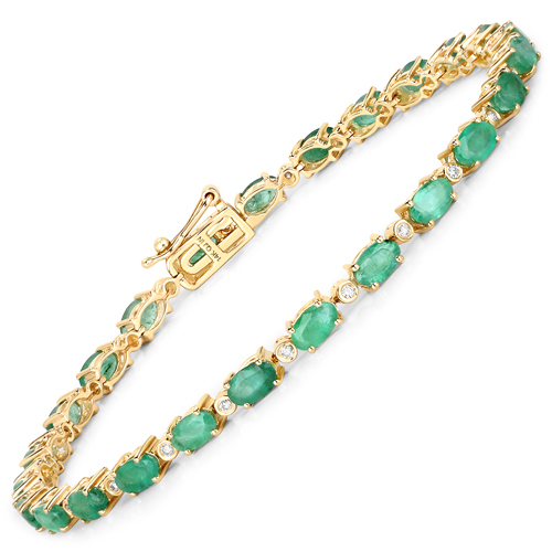 Bracelets-4.95 Carat Genuine Zambian Emerald and White Diamond 14K Yellow Gold Bracelet