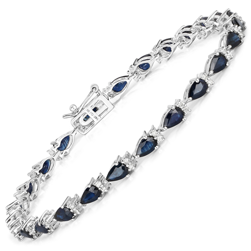 Bracelets-5.40 Carat Genuine Blue Sapphire and White Diamond 14K White Gold Bracelet