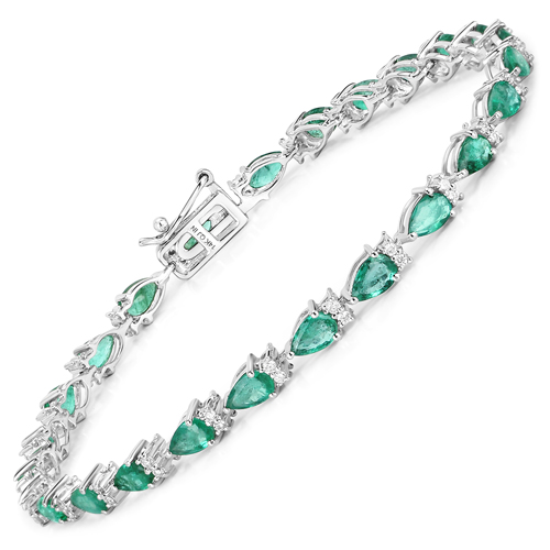 Bracelets-4.65 Carat Genuine Zambian Emerald and White Diamond 14K White Gold Bracelet