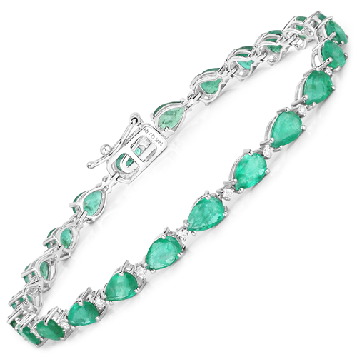 Bracelets-8.37 Carat Genuine Zambian Emerald and White Diamond 14K White Gold Bracelet