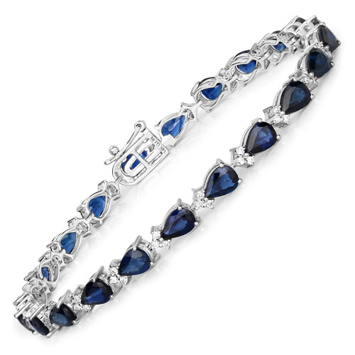 Bracelets-9.77 Carat Genuine Blue Sapphire and White Diamond 14K White Gold Bracelet
