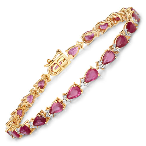 Bracelets-9.33 Carat Genuine Ruby and White Diamond 14K Yellow Gold Bracelet
