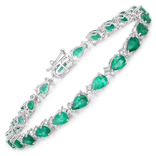 Bracelets-8.23 Carat Genuine Zambian Emerald and White Diamond 14K White Gold Bracelet
