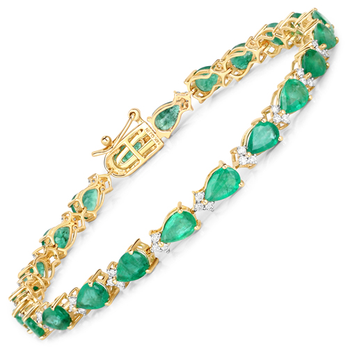 Bracelets-8.23 Carat Genuine Zambian Emerald and White Diamond 14K Yellow Gold Bracelet