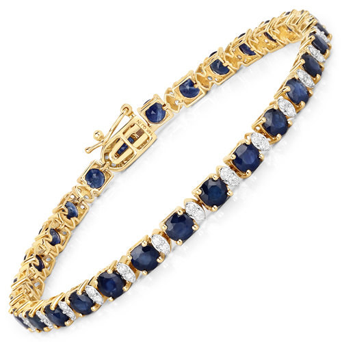 Bracelets-8.18 Carat Genuine Blue Sapphire and White Diamond 14K Yellow Gold Bracelet