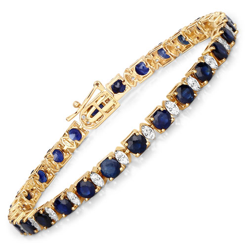 Bracelets-7.88 Carat Genuine Blue Sapphire and White Diamond 14K Yellow Gold Bracelet