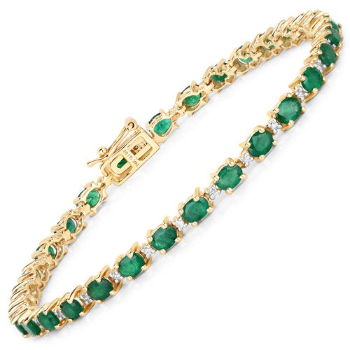 Bracelets-4.74 Carat Genuine Zambian Emerald and White Diamond 14K Yellow Gold Bracelet