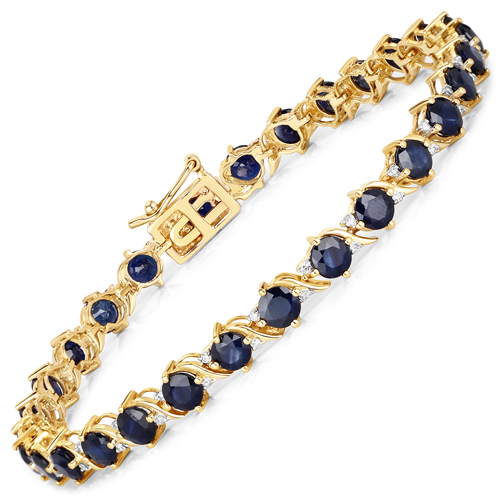 Bracelets-8.09 Carat Genuine Blue Sapphire and White Diamond 14K Yellow Gold Bracelet