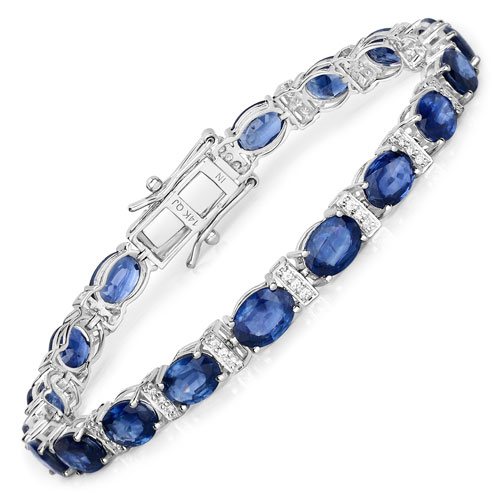 Bracelets-18.42 Carat Genuine Blue Sapphire and White Diamond 14K White Gold Bracelet