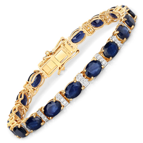 Bracelets-18.42 Carat Genuine Blue Sapphire and White Diamond 14K Yellow Gold Bracelet