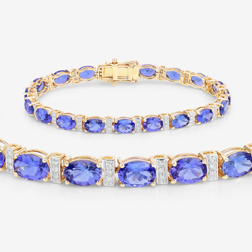 14.62 Carat Genuine Tanzanite and White Diamond 14K Yellow Gold Bracelet