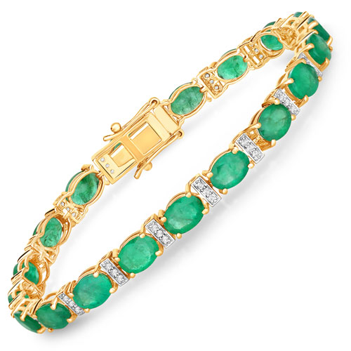 Bracelets-14.05 Carat Genuine Zambian Emerald and White Diamond 14K Yellow Gold Bracelet