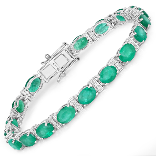 Bracelets-14.05 Carat Genuine Zambian Emerald and White Diamond 14K White Gold Bracelet